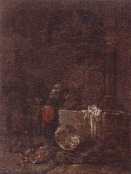 Willem Kalf A woman drawing water from a well under an arcade oil painting image